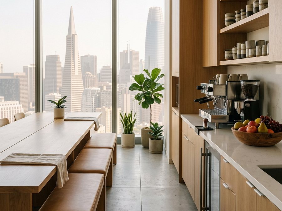 The office kitchen and the long communal table